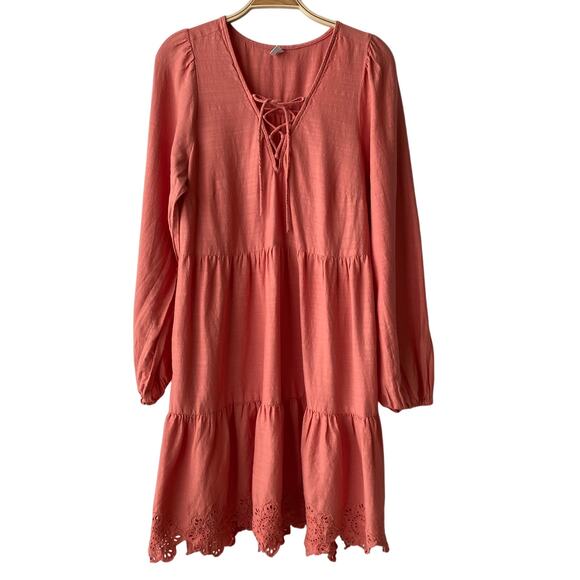 2/$30 OLD NAVY Boho Embroidered Tiered Peasant Dress M Coral Eyelet Long Sleeve - Picture 1 of 10